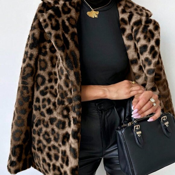 Brown Casual Women's Leopard Print Faux Fur Coat jacket - Picture 1 of 11